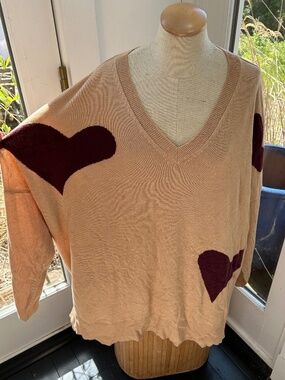Laurie Felt camel khaki chocolate brown hearts intarsia knit neck sweater 2X